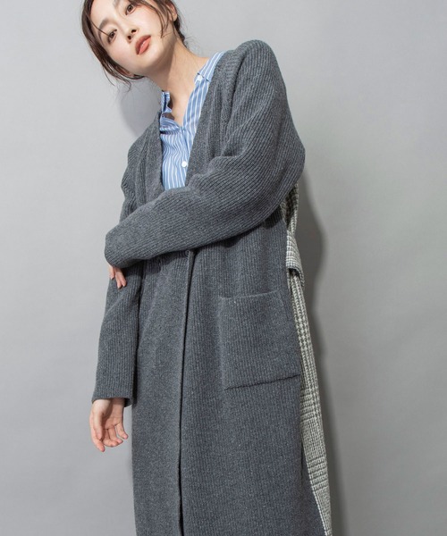 Munich（ミューニック）の「片畦編みニットグレンチェックドッキングコート（ノーカラーコート・レディース・グレー/ブラック・FREE）」の2枚目の写真