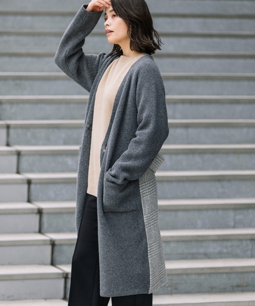 Munich（ミューニック）の「片畦編みニットグレンチェックドッキングコート（ノーカラーコート・レディース・グレー/ブラック・FREE）」の13枚目の写真