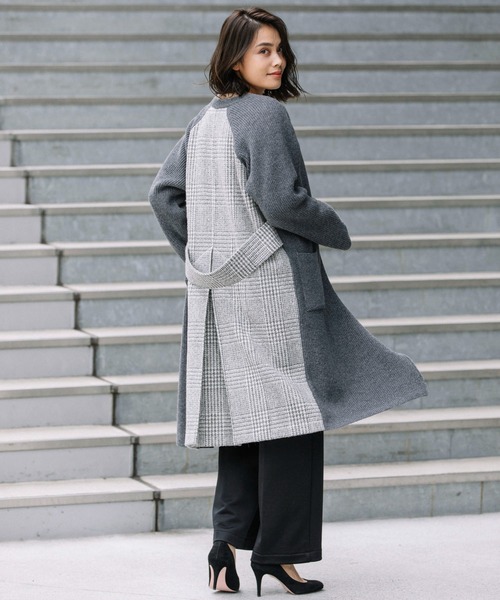Munich（ミューニック）の「片畦編みニットグレンチェックドッキングコート（ノーカラーコート・レディース・グレー/ブラック・FREE）」の12枚目の写真