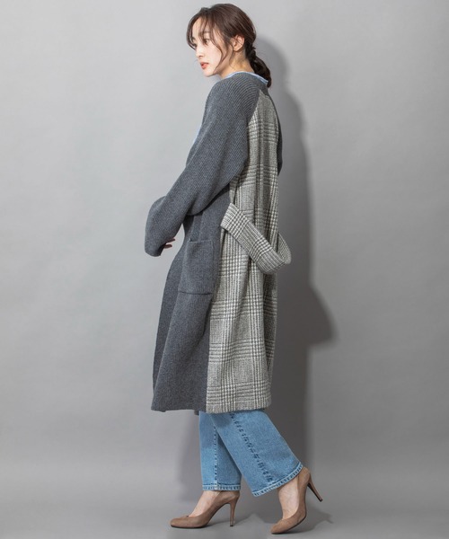Munich（ミューニック）の「片畦編みニットグレンチェックドッキングコート（ノーカラーコート・レディース・グレー/ブラック・FREE）」の4枚目の写真