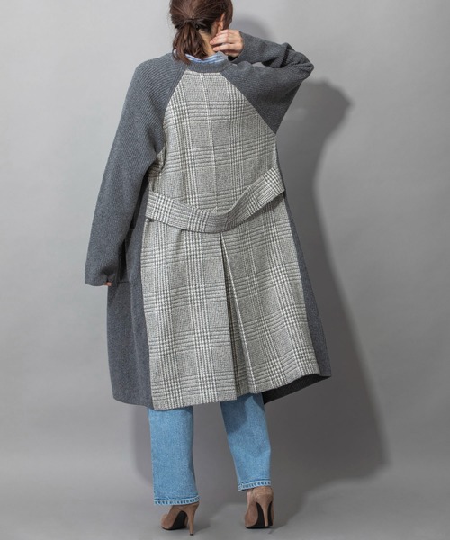 Munich（ミューニック）の「片畦編みニットグレンチェックドッキングコート（ノーカラーコート・レディース・グレー/ブラック・FREE）」の5枚目の写真
