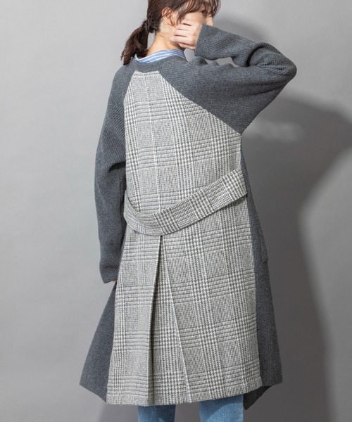 Munich（ミューニック）の「片畦編みニットグレンチェックドッキングコート（ノーカラーコート・レディース・グレー/ブラック・FREE）」の7枚目の写真