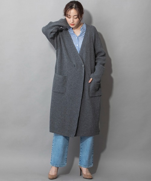 Munich（ミューニック）の「片畦編みニットグレンチェックドッキングコート（ノーカラーコート・レディース・グレー/ブラック・FREE）」の8枚目の写真