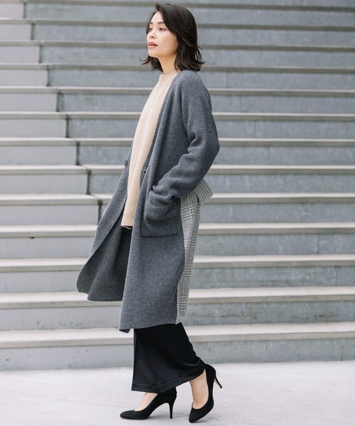 Munich（ミューニック）の「片畦編みニットグレンチェックドッキングコート（ノーカラーコート・レディース・グレー/ブラック・FREE）」の11枚目の写真