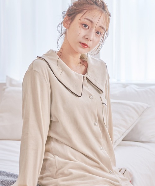 Dita（ディータ）の「ゆるてろパールシャギー襟付き ルームウェア（ルームウェア/パジャマ・レディース・シャンパン/ブラック/スモークピンク/オリーブ・FREE）」の4枚目の写真