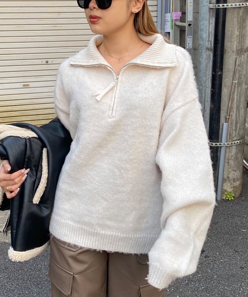 SHAGGIE（シャギー）の「モヘアライクハーフジップオーバーニット（ニット/セーター・レディース・ナチュラル/ブラック/ピンク/ネイビー・FREE）」の16枚目の写真