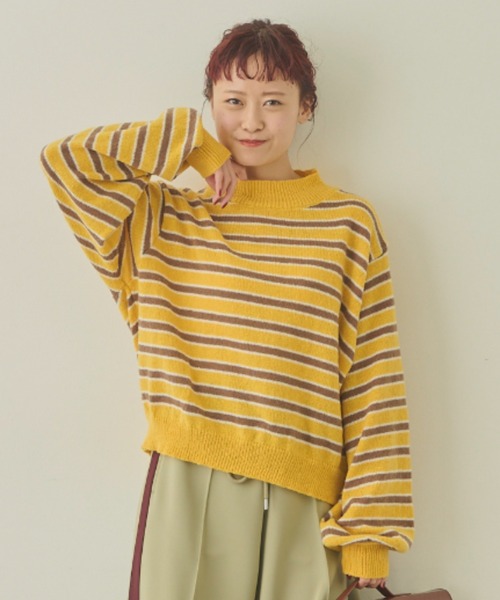 MERLOT(メルロー)の「マルチカラーハイネックボーダーニット(ニット/セーター・レディース・グリーン/ピンク/イエロー・FREE)」の1枚目の写真