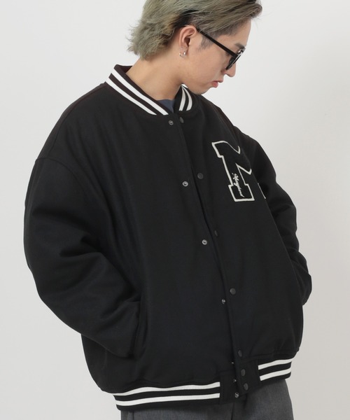 make a ray!(メイク ア レイ!)の「ワンポイント カレッジサガラ刺繍 メルトンスタジャン/ ビッグシルエット(スタジャン・メンズ・ブラック/ネイビー/グリーン/ブラック系その他・M/L/XL)」の15枚目の写真