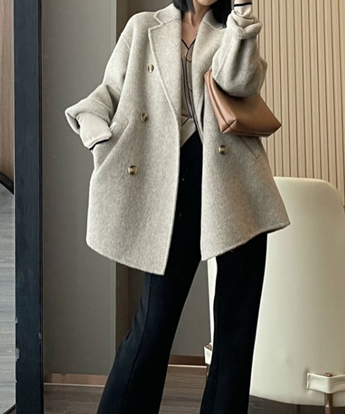 ✨極美品✨アンタイトル　アンゴラ混フーデッドチェスターコート　ダブル　サイズM Perfect Suit FActory チェスターコート コート アンゴラ混