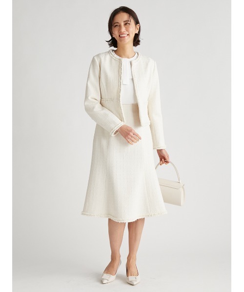 未使用 セルフォード ノーカラー ペプラムヘム ツイードジャケット 38ホワイト CELFORD（セルフォード）の「ツイードペプラムジャケット（ノーカラー