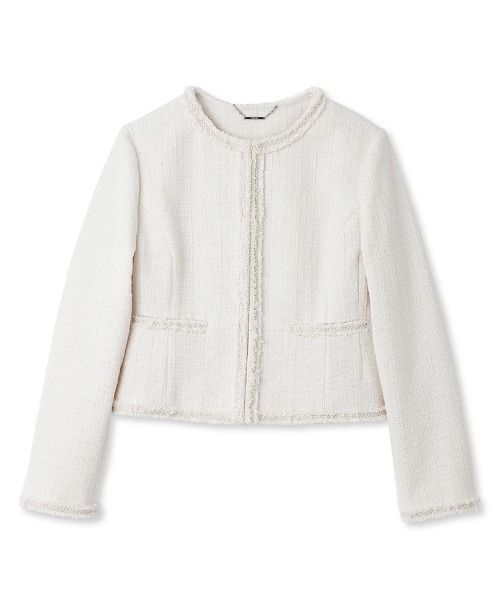 未使用 セルフォード ノーカラー ペプラムヘム ツイードジャケット 38ホワイト CELFORD（セルフォード）の「ツイードペプラムジャケット（ノー