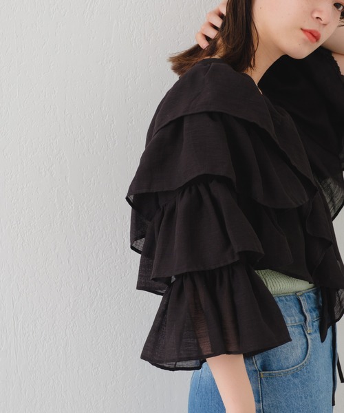 Kastane（カスタネ）の「【WEB限定】袖フリル編み上げボレロ（シャツ/ブラウス・レディース・オフホワイト/ブラック・FREE）」の10枚目の写真