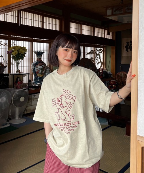 WudgeBoy（ワッジボーイ）の「rabbit pigment Tee（Tシャツ/カットソー・レディース・アイボリー/エンジ・MEDIUM/LARGE）」の7枚目の写真