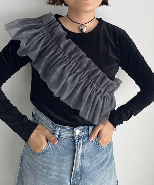 LOWRYS FARM(ローリーズファーム)の「ベロアクルーLS 980748(Tシャツ/カットソー・レディース・ブラック/ネイビー/グレー/アイボリー/グリーン・FREE)」の6枚目の写真