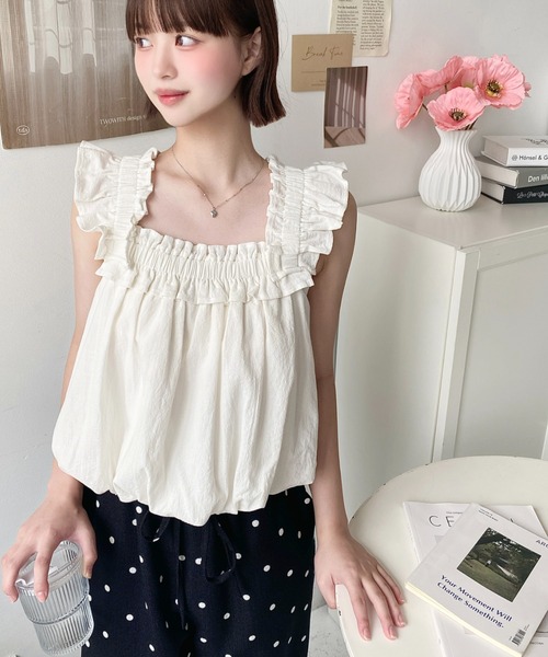 セール】コットンワッシャーフリルショルダーバルーンシルエット  
