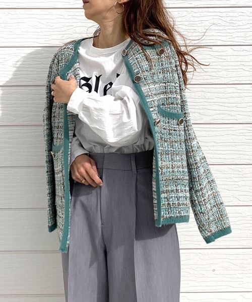 Q（キュー）の「ツイードカーディガン（カーディガン/ボレロ・レディース・ライトグリーン/アイボリー・MEDIUM）」の2枚目の写真