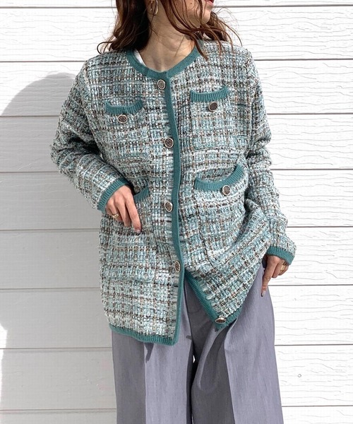 Q（キュー）の「ツイードカーディガン（カーディガン/ボレロ・レディース・ライトグリーン/アイボリー・MEDIUM）」の8枚目の写真