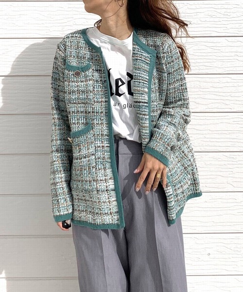 Q（キュー）の「ツイードカーディガン（カーディガン/ボレロ・レディース・ライトグリーン/アイボリー・MEDIUM）」の9枚目の写真