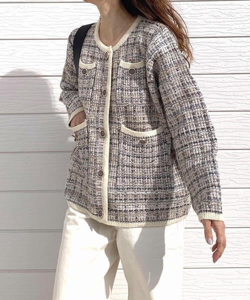 Q（キュー）の「ツイードカーディガン（カーディガン/ボレロ・レディース・ライトグリーン/アイボリー・MEDIUM）」の16枚目の写真