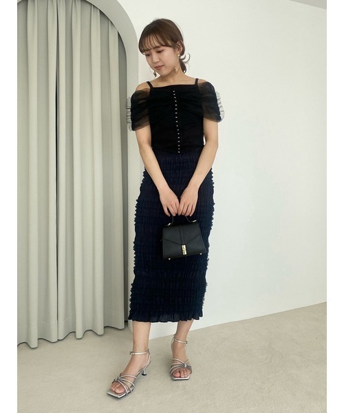 Lily Brown チュールレイヤーシャーリングドレス LILY BROWNチュールレイヤーシャーリングドレス