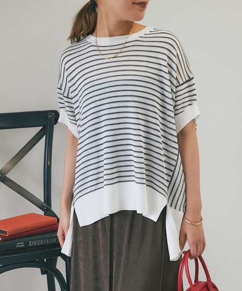 un dix cors（アンディコール）の「《着まわしやすい・薄手ニット》ボーダーバンザイニット（ニット/セーター・レディース・ブラック/オフホワイト・FREE）」の7枚目の写真