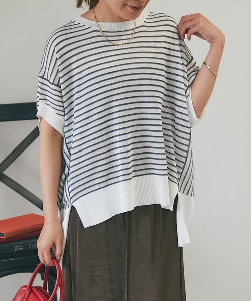 un dix cors（アンディコール）の「《着まわしやすい・薄手ニット》ボーダーバンザイニット（ニット/セーター・レディース・ブラック/オフホワイト・FREE）」の11枚目の写真