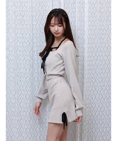 EATME（イートミー）の「サイドリボンニットスカート（セットアップ可能）（スカート・レディース・グレー/ブラック・FREE）」の6枚目の写真