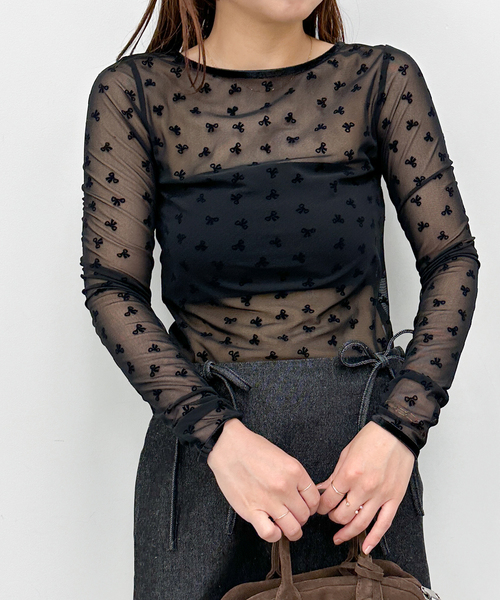 U by SPICK&SPAN(ユーバイスピックアンドスパン)の「ストレッチシアーリボントップス(Tシャツ/カットソー・レディース・ブラック/その他2・FREE)」の7枚目の写真