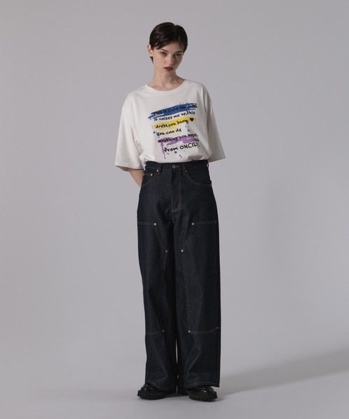 セール】BACK POCKET EMBROIDERY DOUBLE KNEE DENIM PANTS