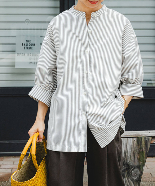 FORK&SPOON（フォークアンドスプーン）の「FORK&SPOON　PEブロードストライプシャツ（シャツ/ブラウス・レディース・ネイビー/ベージュ/ブラック・1）」の2枚目の写真