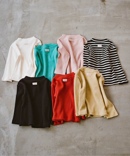 p.premier（ピードットプルミエ）の「イロチ買いしたいnobi-nobiストレッチリブトップス（Tシャツ/カットソー・キッズ・レッド/オフホワイト/ストライプ/ブラック/ブルー/イエロー/ピンク・90/100/110/120/80/130/140）」の11枚目の写真