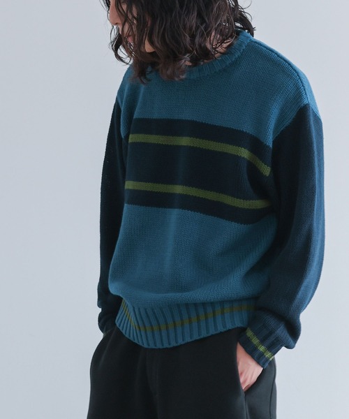 n'OrLABEL(ノアールレーベル)の「配色デザインクルーネックニット(ニット/セーター・メンズ・カーキ/ネイビー・M/L)」の4枚目の写真