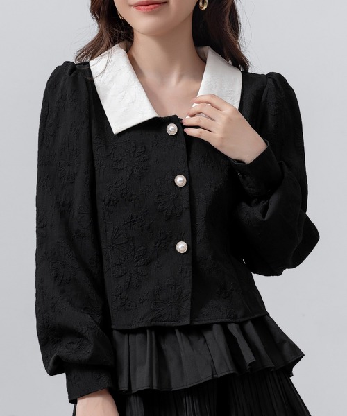 DAY CLOSET（デイ クローゼット）の「【立体花柄エンボス加工×パール調ボタン】クロップド丈 長袖 ステンカラーブラウス レディース（シャツ/ブラウス・レディース・ブラック/アイボリー・FREE）」の11枚目の写真