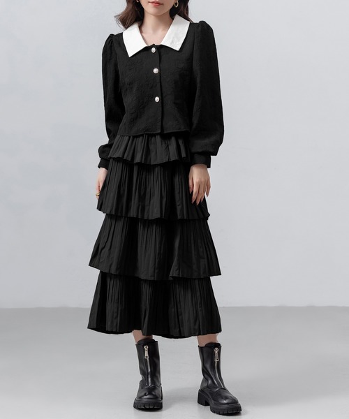 DAY CLOSET（デイ クローゼット）の「【立体花柄エンボス加工×パール調ボタン】クロップド丈 長袖 ステンカラーブラウス レディース（シャツ/ブラウス・レディース・ブラック/アイボリー・FREE）」の14枚目の写真