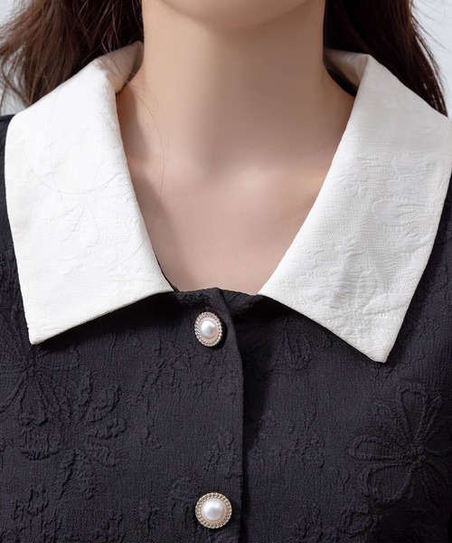 DAY CLOSET（デイ クローゼット）の「【立体花柄エンボス加工×パール調ボタン】クロップド丈 長袖 ステンカラーブラウス レディース（シャツ/ブラウス・レディース・ブラック/アイボリー・FREE）」の18枚目の写真