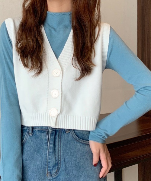 Miniministore(ミニミニストア)の「ニットベスト 前開き Vネックトップス(ベスト・レディース・ブラウン/ブラック/イエロー/ベージュ/グリーン/ホワイト/レッド・FREE)」の1枚目の写真