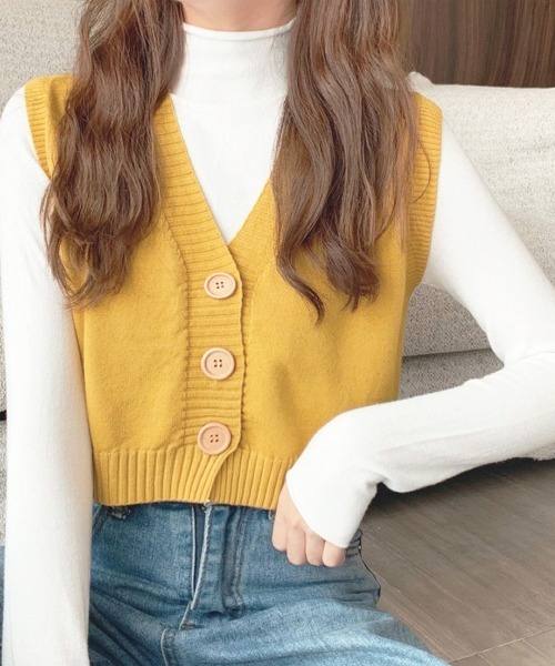 Miniministore(ミニミニストア)の「ニットベスト 前開き Vネックトップス(ベスト・レディース・ブラウン/ブラック/イエロー/ベージュ/グリーン/ホワイト/レッド・FREE)」の6枚目の写真