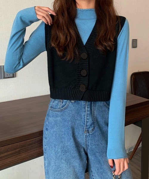 Miniministore(ミニミニストア)の「ニットベスト 前開き Vネックトップス(ベスト・レディース・ブラウン/ブラック/イエロー/ベージュ/グリーン/ホワイト/レッド・FREE)」の9枚目の写真