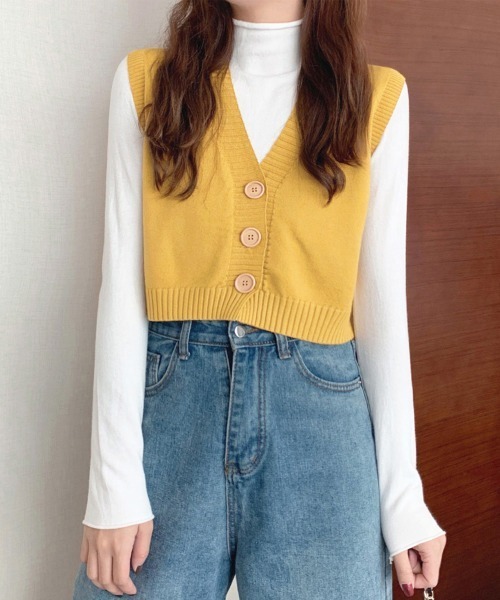 Miniministore(ミニミニストア)の「ニットベスト 前開き Vネックトップス(ベスト・レディース・ブラウン/ブラック/イエロー/ベージュ/グリーン/ホワイト/レッド・FREE)」の11枚目の写真
