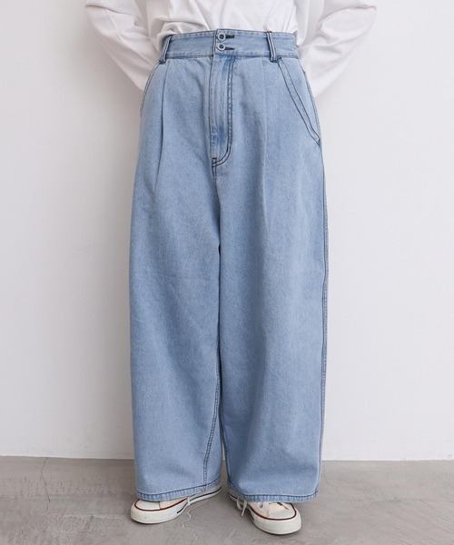 l'atelier du savon（アトリエドサボン）の「ちょいまるデニムパンツ（デニムパンツ・レディース・ネイビー/サックスブルー・FREE）」の2枚目の写真