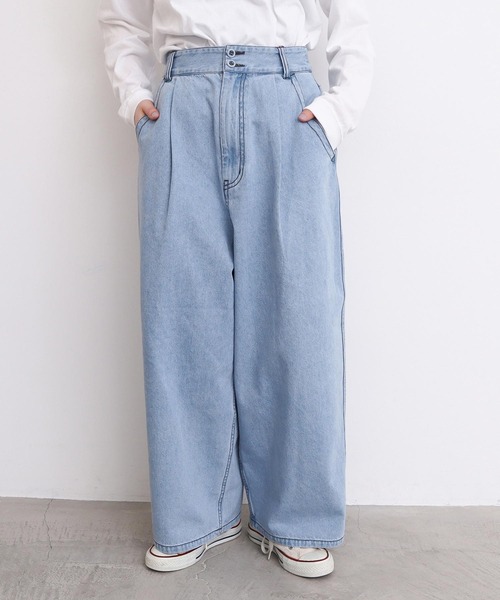 l'atelier du savon（アトリエドサボン）の「ちょいまるデニムパンツ（デニムパンツ・レディース・ネイビー/サックスブルー・FREE）」の4枚目の写真