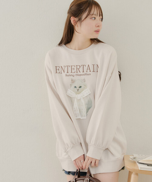 ネコ×レースリボン裏起毛プルオーバー（スウェット）｜Another Branch