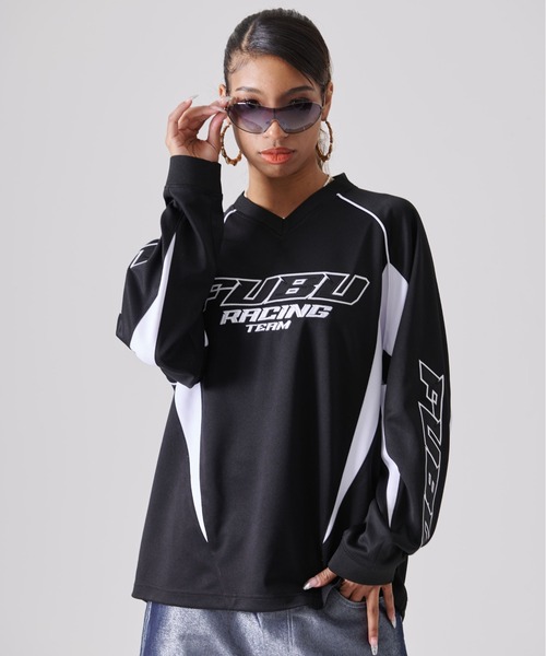 FUBU（ フブ）の「FUBU フブ ブランド ロゴ 刺繍 ワッペン Vネック 長袖 レーシングシャツ ゲームシャツ（Tシャツ/カットソー・メンズ・ホワイト/ブラック・M/L/XL/XXL）」の17枚目の写真