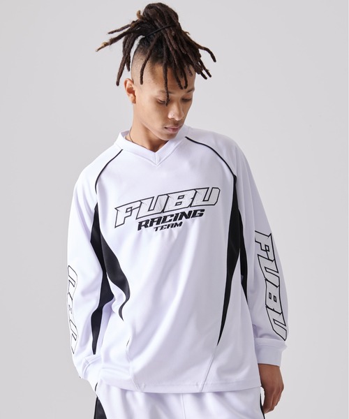 FUBU（ フブ）の「FUBU フブ ブランド ロゴ 刺繍 ワッペン Vネック 長袖 レーシングシャツ ゲームシャツ（Tシャツ/カットソー・メンズ・ホワイト/ブラック・M/L/XL/XXL）」の5枚目の写真