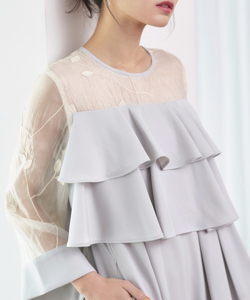 RUIRUE BOUTIQUE(ルイルエブティック)の「オケージョンドレス 結婚式 | シアー エンブロイダリースリーブ ダブルフリル パンツドレス | 二次会 披露宴 パーティー パーティードレス パンツスタイル オールインワン(パンツドレス・レディース・チャコール/ブラック/ライトグレー・LL/S/M/L)」の6枚目の写真