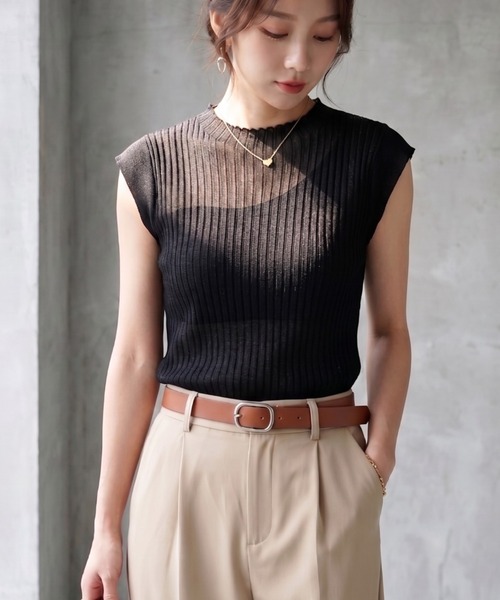 【新品】☆BEIGE,☆ベイジ☆異素材切り替えニット☆ADORE☆セオリー☆ セール】アシンメトリー切り替えシアー素材トップス 夏服 レイヤード風