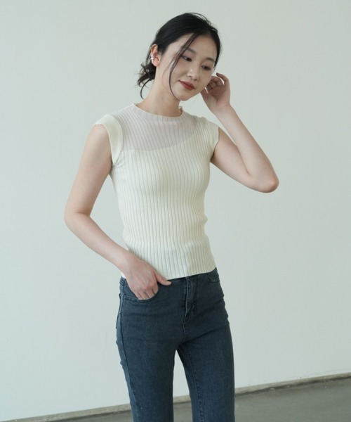 maison de LATIR(メゾンドラティール)の「アシンメトリー切り替えシアー素材トップス 夏服 レイヤード風 シアー フレンチスリーブ リブ 袖なしトップス(Tシャツ/カットソー・レディース・ブラック/シャーベット/ホワイト・ONESIZE)」の22枚目の写真