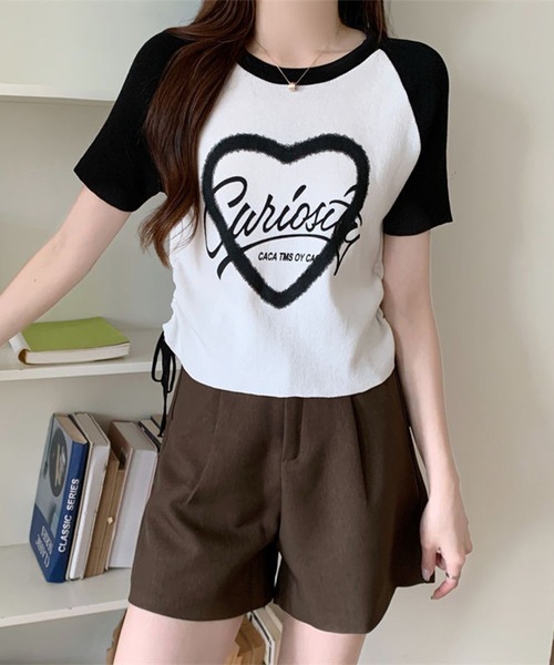 セール】配色 ロゴプリント シャーリング ラグラン 半袖 Tシャツ