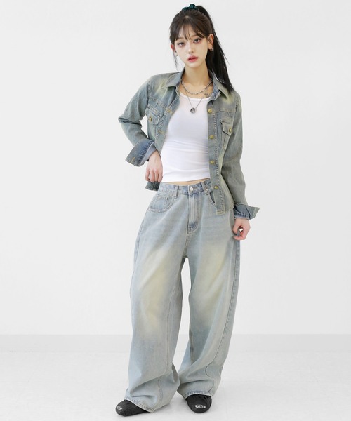 minsobi(ミンソビ)の「ヴィンテージウォッシュデニムジャケット スリムシルエット デニムシャツジャケット(デニムジャケット・レディース・ブルー・FREE)」の10枚目の写真