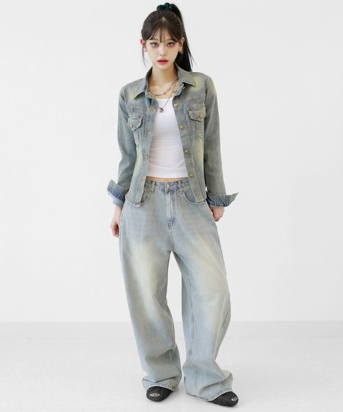 minsobi(ミンソビ)の「ヴィンテージウォッシュデニムジャケット スリムシルエット デニムシャツジャケット(デニムジャケット・レディース・ブルー・FREE)」の11枚目の写真